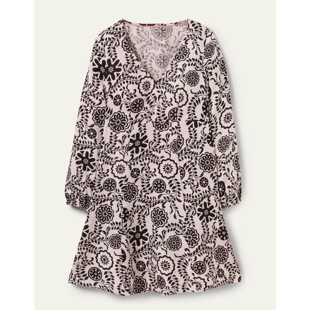 NWOT Boden 100% Linen V-Neck Flippy Dress Black White Floral Size 8L - Picture 3 of 11